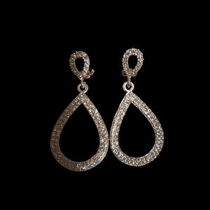 Elegant Silver Tone Cip On Teardrop Crystal Dangle Earrings - Women Jewelry